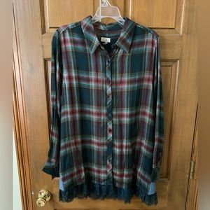 LOGO by Lori Goldstein Plaid/Chambray Button Front Shirt